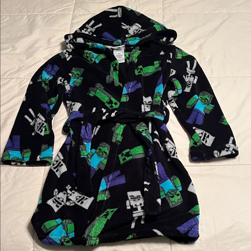 Kids Hooded Fleece Robe with Minecraft Character Print - Black